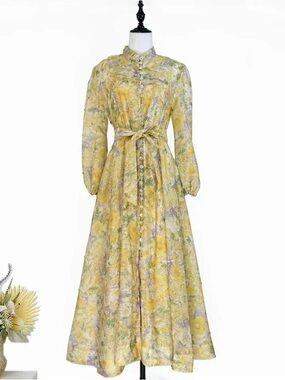 Rhinestone Yellow Floral Long Sleeve Midi Dress